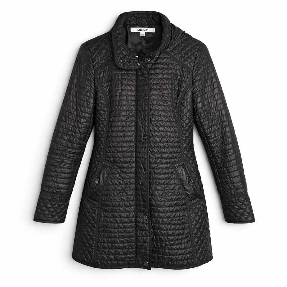 DKNY Quilted Black Hooded Coat, XSP